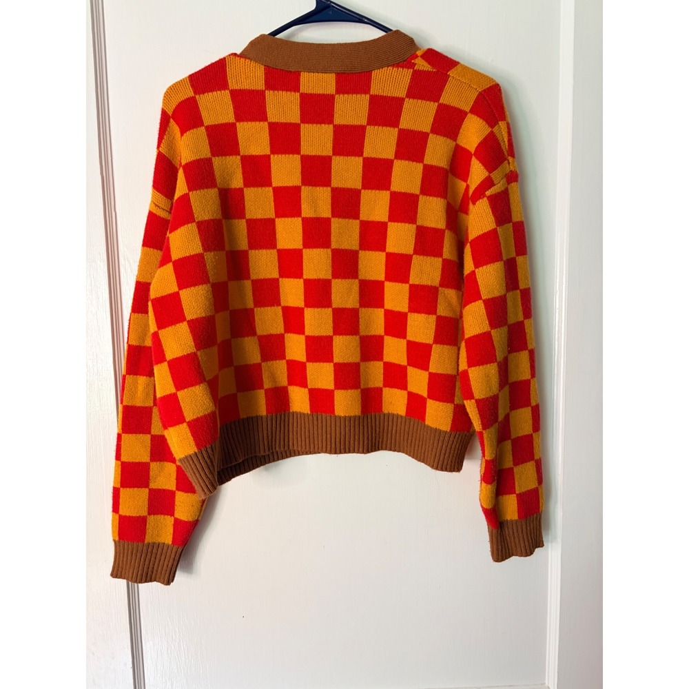 Lisa Says Gah Checkered Cardigan Sweater Red Orange Yellow XS/S Button Front - Picture 4 of 4